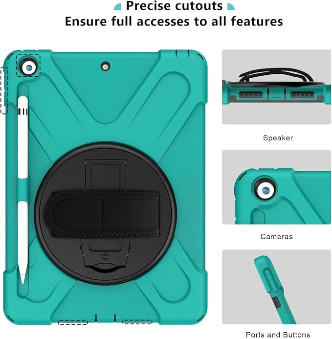 ProCase Rugged Case for iPad 9th/ 8th/ 7th -Teal | Heavy Duty Shockproof Protective Cover with Strap for 10.2 iPad 9/8/7 (2021/2020/2019)
