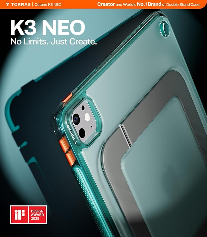 TORRAS Ostand K3 Neo for iPad Air 11 Inch Case (M4 2026 M3 2025 M2 2024) Viewing Angles AdjustableUltra Stable Stand Shockproof Protective Slim Kickstand Case with Pencil Holder Glacier Sprint