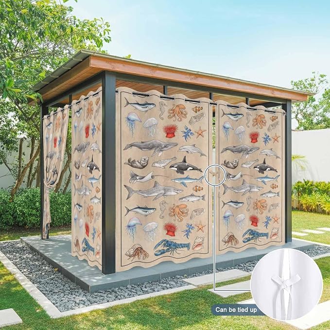 Vintage Outdoor Curtains for Patio Sharks Whales Lobsters Biographies
