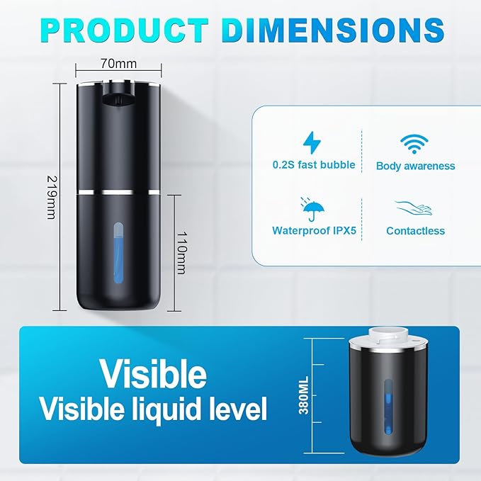 Automatic Liquid Soap Dispenser, 12.8oz/380ml Wall Mount Touchless Soap Dispenser with Sensor, 4-Level Adjustable, IPX5 Waterproof, USB Rechargeable for Bathroom, Kitchen