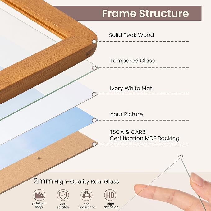 12x16 Picture Frame - Solid Teak Wood 12x16 Poster Frame, 12''x16'' Picture Frame With Mat For 8.5x11, Tempered Glass and Hanging Hardware Included, 16 By 12 Frame Wood, Natural Teak