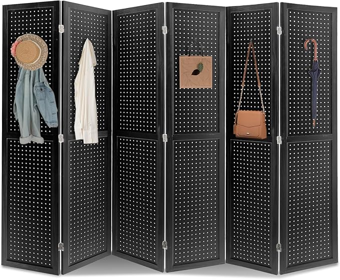 ECOMEX 6 Panel Room Divider, 5.6Ft Pegboard Display Wooden Room Divider Folding Privacy Screen Room Divider Freestanding Peg Board Display for Trade Show Craft Show Home Wall Organizer, Classic Black