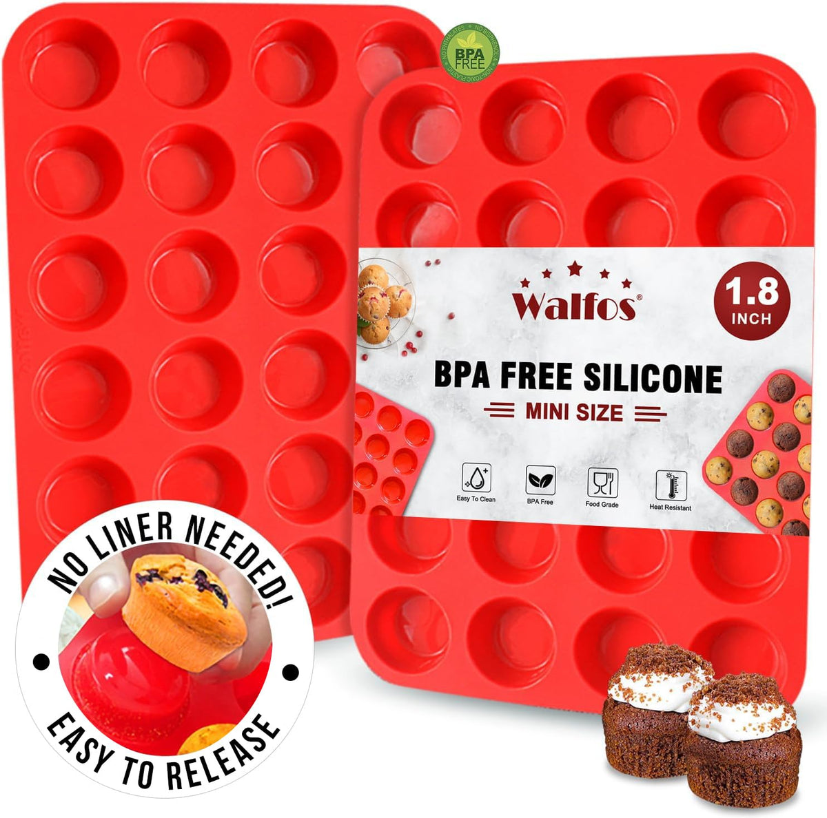 Walfos Silicone Muffin Pan Set of 3, Including Regular 12 Cups Muffin Pans, 24 Cups Mini Muffin Pan & 6 Cups Muffin Top Pan, Non-Stick Cupcake Pan, Easy to Release & Dishwasher Safe