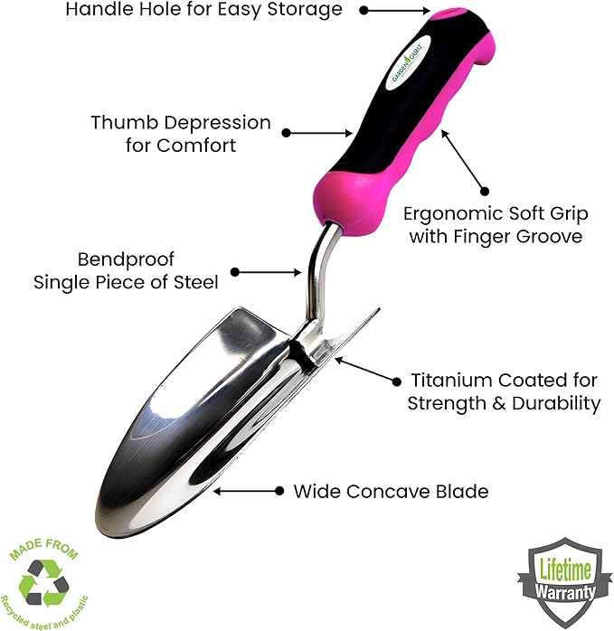 Garden Guru Super Strong Garden Trowel Hand Shovel - Stainless Steel - Rust Resistant - Ergonomic Grip - Perfect Tool for Gardening, Weeding, Transplanting and Digging in Garden Beds (Pink)