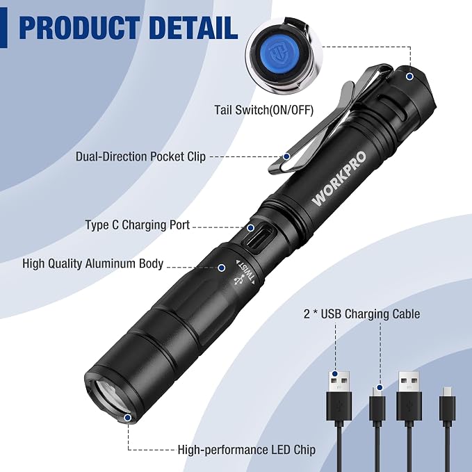 WORKPRO Rechargeable Pen Light 2 Pack Ultra-Compact EDC Flashlight Black | Mini Flashlight Pocket Flashlight with Clip Memory Function and 2 x USB C Cable Included