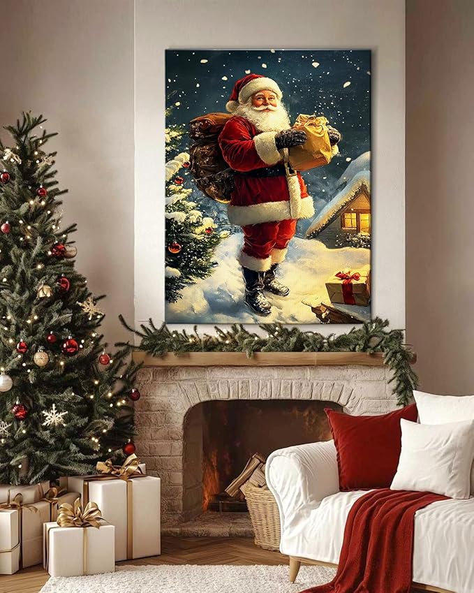 Vintage Santa Claus Christmas Canvas Wall Art - Festive Holiday Painting for Living Room,Bedroom & Bathroom, Cozy Winter Decor Framed Print, Perfect Christmas Gifts & Home Decoration