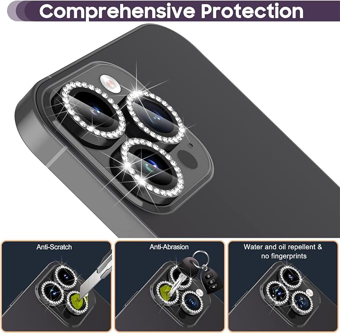 Suoman for iPhone 14 Pro Max / 14 Pro Camera Lens Protector [Diamonds Bling] 9H Tempered Glass Full Coverage Metal Protective Cover - Diamond Black