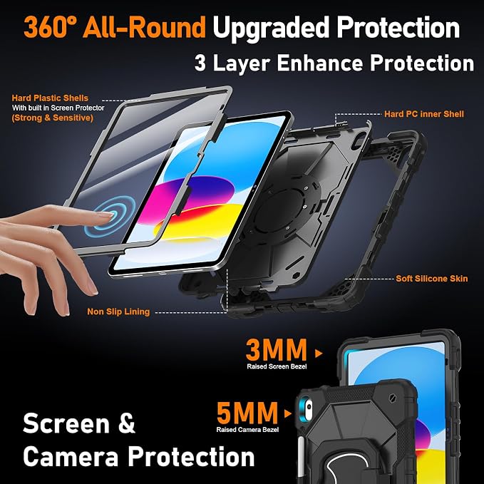 Case for iPad A16 11th/10th Generation 11/10.9 Inch 2025/2022 Dinines Full-Body Drop Protection Shockproof iPad a16 Case with Screen Protector 360° Rotating Stand Shoulder Strap Pencil Holder Black