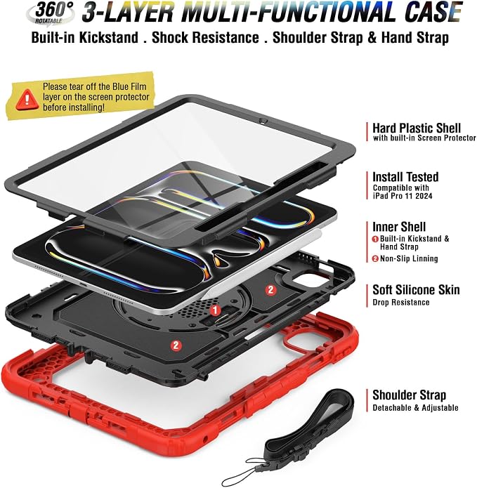 iPad Pro 11 Inch Case 2024 with Screen Protector Pen Holder | iPad Pro 11 5th Generation Case | Three Layer Shockproof Defender Protective Cover W/Stand Hand Strap for iPad A2836/A2837 | Black