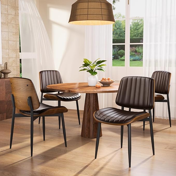 Dining Chairs Set of 2, Mid Century Modern Dining Room Kitchen Chairs, Upholstered PU Leather Vertical Stripe Chairs for Vanity with Walnut Bentwood and Metal Legs, Brown
