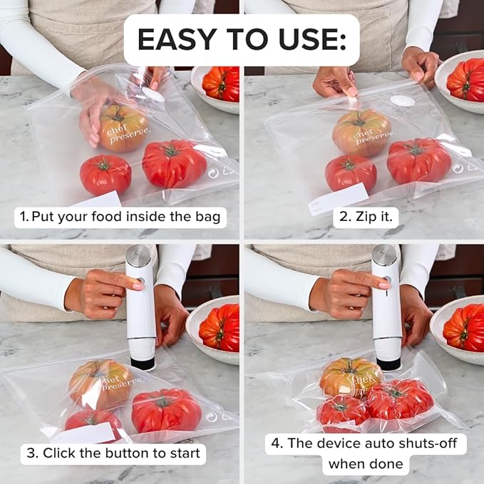 Chef Preserve Compact Vacuum Sealer for Food (Vacuum Sealer Machine + 10 Reusable Vacuum Bags) Powerful Handheld Vacuum Sealer Machine, Seal Meal Saver, Portable Food Sealer