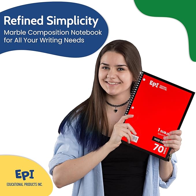 EPI Spiral Notebook | Wide - 70 Sheets, Durable Spiral Binding | 10.5 x 8 in | Classroom Supplies | School, Office, Note Taking, Journaling - 3 Pack