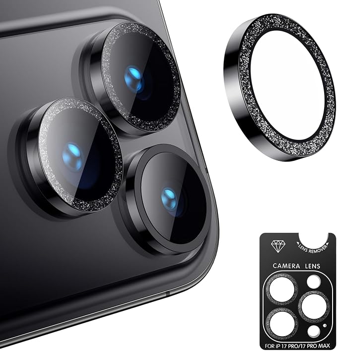 Korecase for iPhone 17/iPhone 16/iPhone 16 Plus Camera Lens Protector Bling 9H Tempered Glass Anti Scratch Camera Screen Protector Shockproof Film Metal Ring Lens Protector Glitter-Black