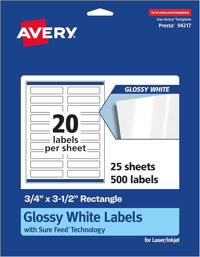 Avery Glossy White Rectangle Labels, Sure Feed Technology, 0.75" x 3.5", 500 Glossy White Labels, Print-to-The-Edge, Permanent Adhesive, Laser/Inkjet Printable
