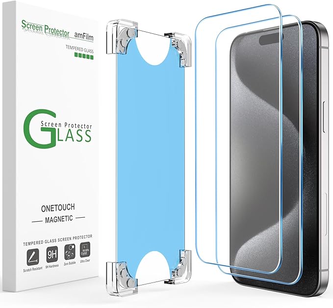 amFilm 2 Pack Magnetic OneTouch Compatible with iPhone 13 Pro Max 6.7/ iPhone 14 Plus 6.7 Screen Protector Tempered Glass Full Coverage with Easy Installation Kit (Magnetic &amp Reusable)