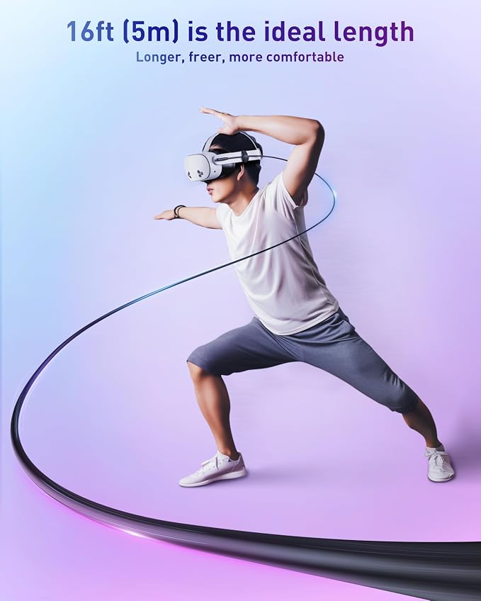 Maxonar [Next-Gen Chip VR Charging Link Cable 16FT Compatible with Meta 3S/3/Oculus 2/Pico 4 Accessories and PC/SteamVR Awesome Gift-5Gbps USB 3.0 to USB C Cable-Black