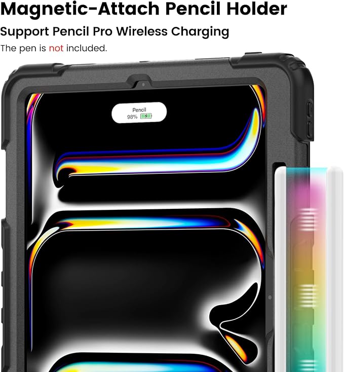 for iPad Pro 11 inch Protective Case M5 2025/M4 2024: Heavy Duty Shockproof Case with Pencil Holder - 360°Rotating Handle/Stand - Screen Protector - Shoulder Strap Black/Sky Blue