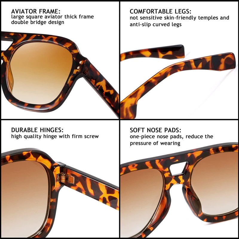 FEISEDY Vintage Pilot Sunglasses Double Bridge Women Men Large Square Thick Frame Trendy Eyewear UV400 B2846