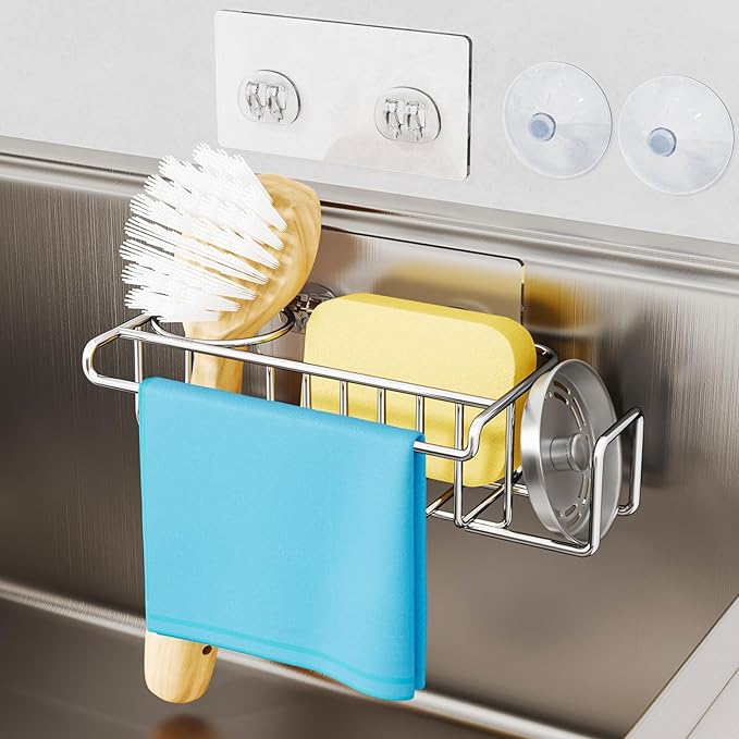 HapiRm 4 in 1 Sink Caddy Sponge Holder, SUS304 Stainless Steel Kitchen Brush Holder + Dish Cloth Hanger + Soap Rack + Sink Stopper Rack + Sponge Caddy for Kitchen - Silver