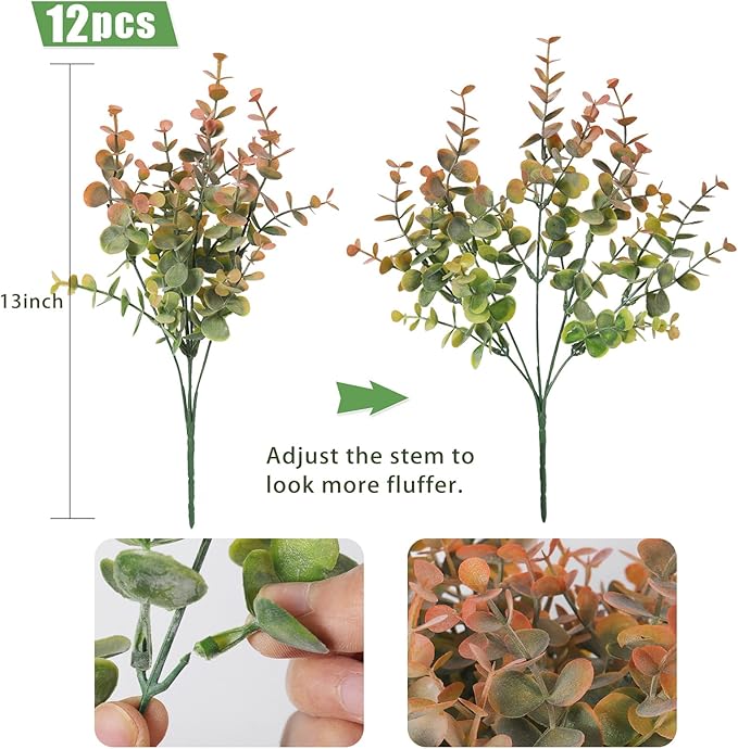 RECUTMS 12 Bundles Fake Bushes Artificial Plants Outdoor Faux Plant Eucalyptus Stems Fake Porch Plants for Farmhouse Bathroom Office Vase Centerpiece Indoor Outdoor Decor(Dusty Orange)