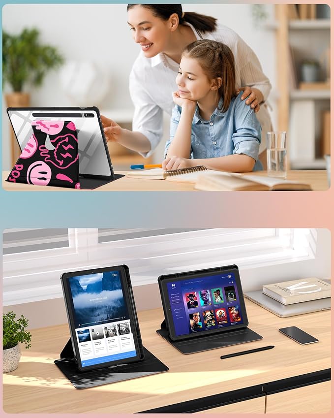 Wazzasoft for Samsung Galaxy Tab S7/S7 Plus/S8 Plus Case - 12.4 Inch Folio Cover with Pencil Holder - Women/Girl Cute Girly Black Flower Unique Design - Rotating Tablet Case