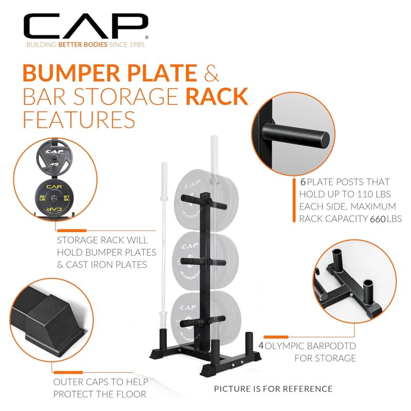 CAP 260 lb Elite Olympic Bumper Plate Set with Storage Rack, 2-Inch Olympic Plates, Medium Bounce Rubber Weight Plates with Stainless Steel Hub, 6 Weight Posts & 4 Barbell Holders for Weightlifting, Strength Training & Home Gym Workouts
