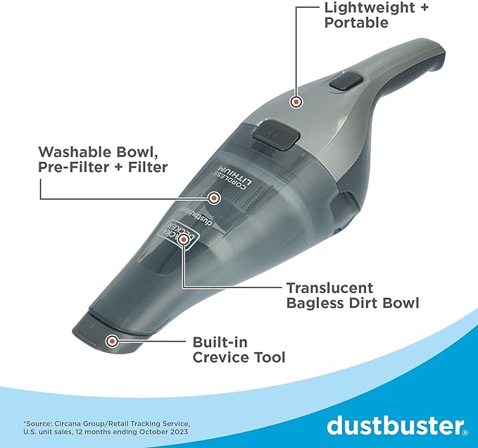 BLACK+DECKER dustbuster Handheld Vacuum, 8V Cordless, Hand Vacuum for Quick Cleanup with Crevice Tool and Washable Filter (HNVC220BCZ01)