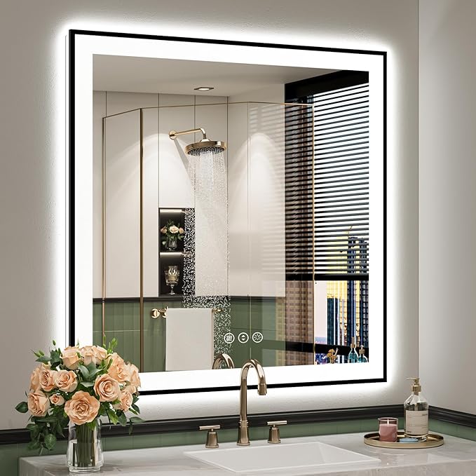 YEELAIT 36x36 Inch LED Bathroom Mirror with Lights (Front Lit and Backlit) Black Framed Lighted Vanity Mirror for Bathroom Wall Dimmable Anti-Fog Memory Tempered Glass Horizontal/Vertical