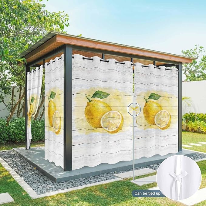 Lemons Yellow Summer Fruit Vintage Wood Outdoor Curtains
