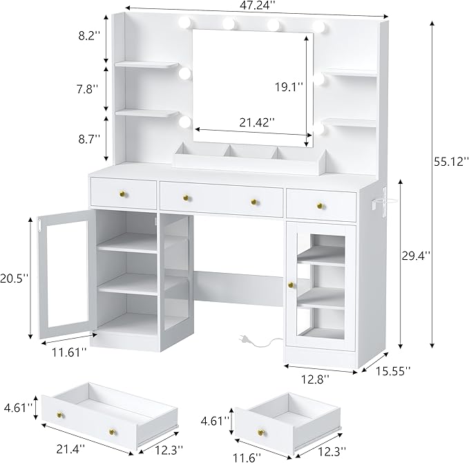 Vanity Desk with Mirror and Lights, Large Makeup Vanity Set with Power Outlet & RGB Glass Cabinet, 3 Drawers, White Vanity Mirror with Lights Dressing Table for Girls Women, 3 Color Modes