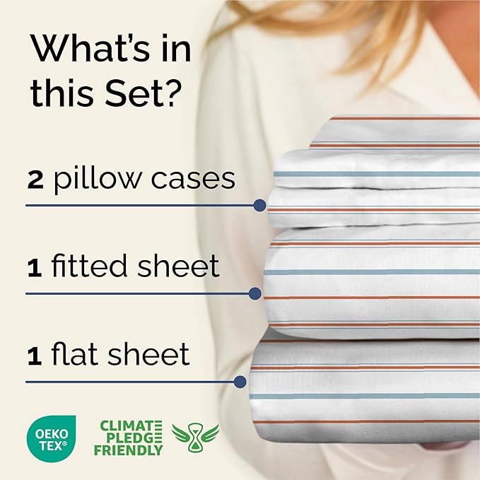 Striped Sheets - Red & Blue Striped Sheets - 1 Flat & 1 Fitted & 2 Pillowcases w/ Deep Pockets – Wrinkle & Fade Free - Ultra-Soft, Breathable & Cooling – Luxury Pinstripe Bedding - Queen Size Bed Set