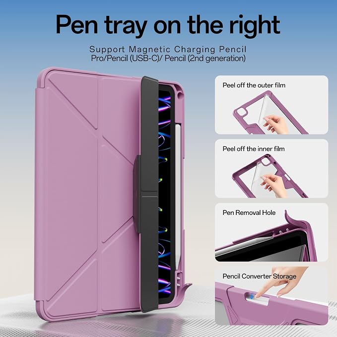 Case for iPad Pro 11 inch (4th/3rd/2nd Generation) 2022/2021/2020 | Y-Stand Shockproof Protective Cover with Pencil Holder Multi-Angle Stand Clear Hard Back (Black)