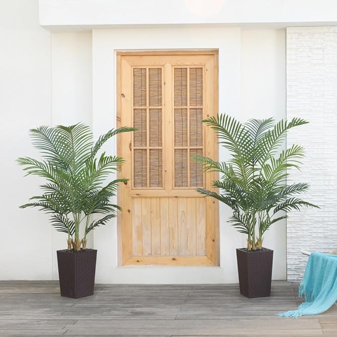 5FT Artificial Palm Tree - Tall Fake Tree with Brown Taper Planter & Pebbles, UV Resistant for Indoor & Outdoor Decor - Large Potted Faux Plant for Living Room, Office, Home Decor,VN130