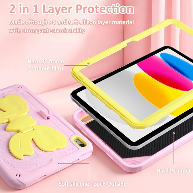 for iPad 10th Case 10.9 Inch for iPad A16 Case for Kids Girls Purple Pink | Built in Pencil Holder Stand Durable Rugged Heavy Duty Shockproof Protective Cover for iPad 10th Generation with Strap