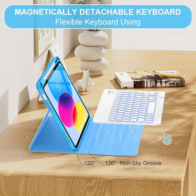 Soke for iPad (A16) 11th/10th Gen Case with Keyboard Black Marble | For iPad 11/10.9 inch(2025/2022) 7 Color Backlight Magnetic wireless Detachable Keyboard Case Built-in Pencil Holder