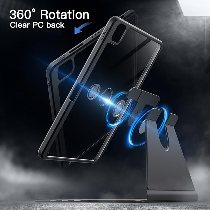 JETech Rotating Case Cover for iPad Pro 11 4/3 Black | For 2022/2021 Model 360° Rotation Stand Clear Back Design Auto Wake/Sleep Pencil Holder Full Protection