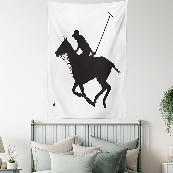 Ambesonne Sports Tapestry Queen Size, Silhouette Illustration of Polo Player on a Horse Hitting a Ball Print, Wall Hanging Bedspread Bed Cover Wall Decor, Queen Size, Charcoal Grey