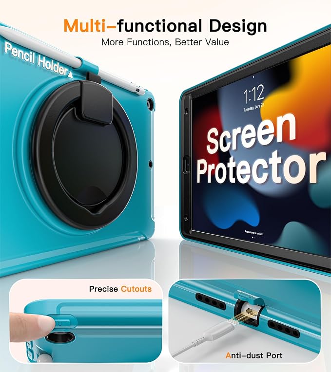 BATYUE Shockproof Case for iPad 9th 8th 7th Gen 10.2 Inch Black | 3in1 PC+TPU Heavy Duty 360° Rotatable Ring Stand for Grip Carry Hang &amp Multi-Angle View Screen Protector Pencil Holder
