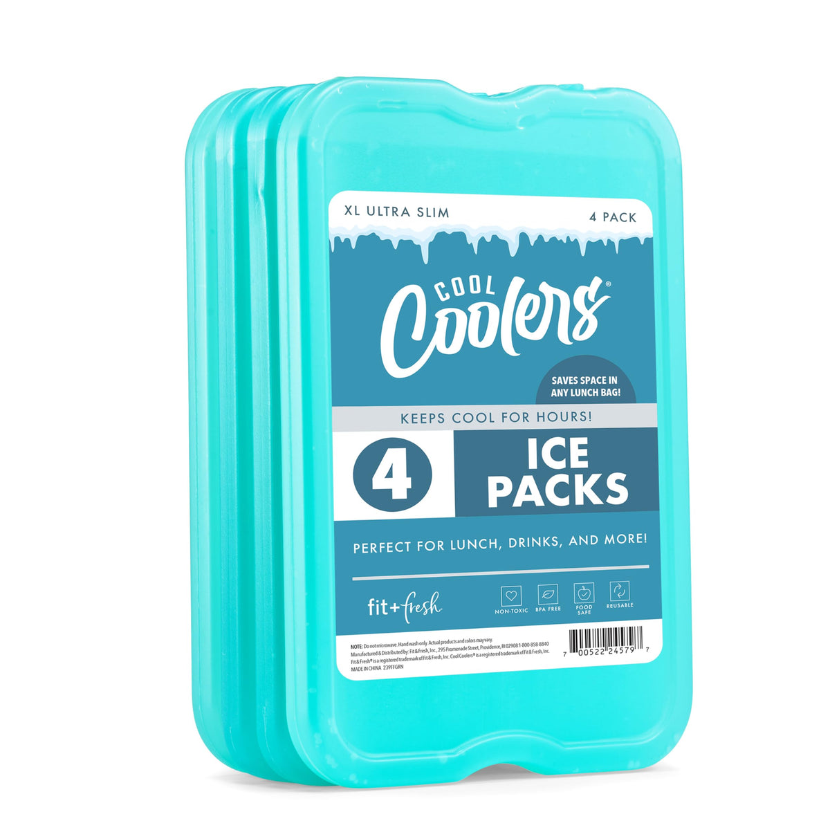 Cool Coolers by Fit + Fresh Slim Compact Reusable XL Ice Pack, Perfect for Lunch Boxes and Beach Bags, Green, 4 Pack