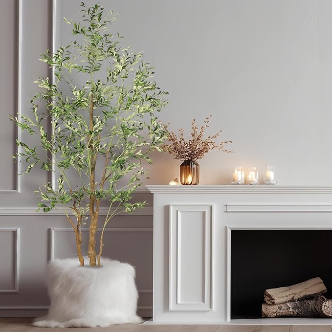 8.2ft Artificial Olive Tree (96in) with Plastic Nursery Pot Faux Olive Silk Tree, Fruits Fake Plant for Office House Farmhouse Living Room Home Decor (Indoor/Outdoor)