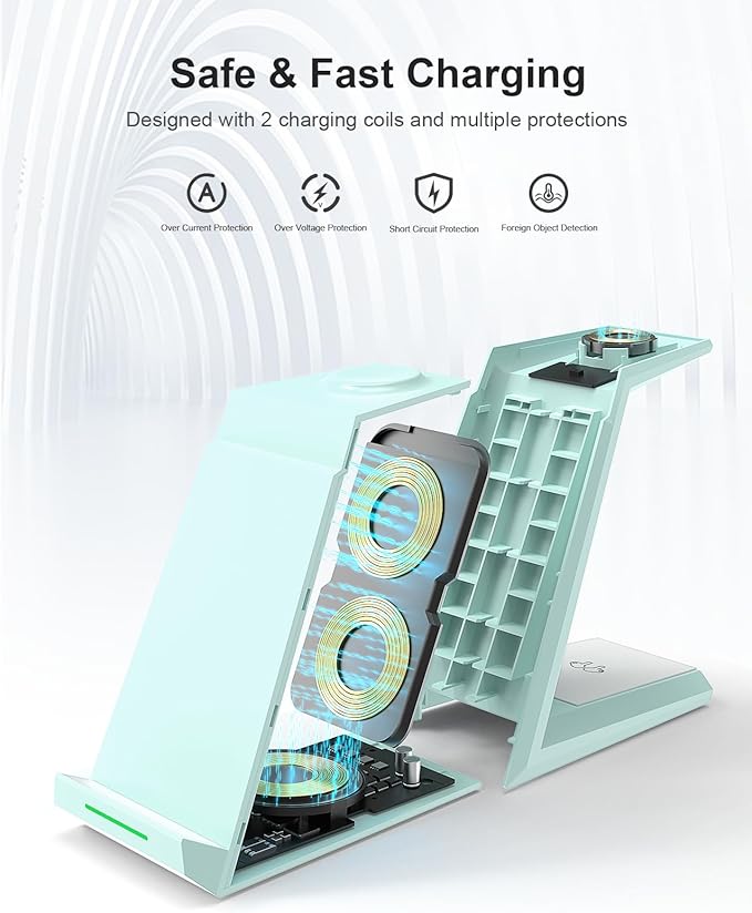 Wireless Charging Station for iPhone - ADADPU 3 in 1 Charger Stand for iPhone 16 15 14 13 12 11 Pro Max XR XS 8 Plus, Wireless Charging Dock for Apple Watch 9/8/7/SE/6/5/4/3/2, AirPods Pro/3/2 (Green)