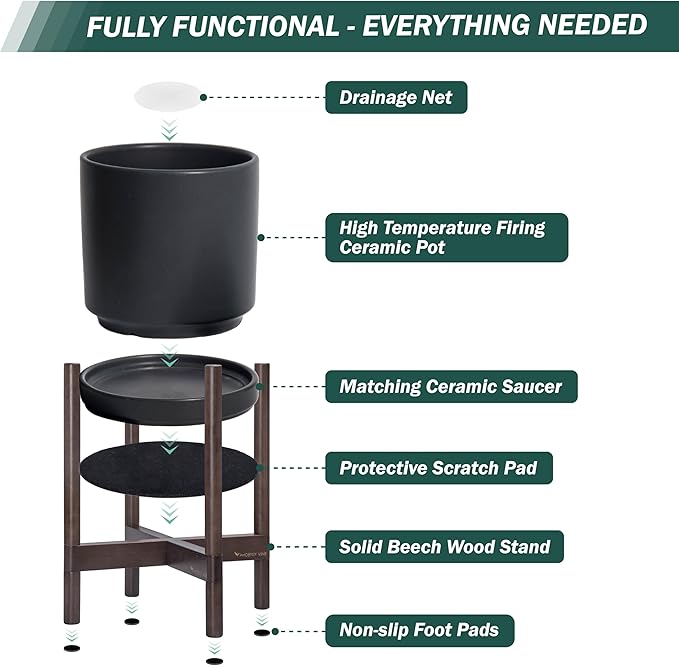 D'vine Dev Ceramic Planter with Walnut Color Stand - 10 Inch Modern Round Flower Pot with Wood Planter Holder, Black, 55-B-X-2