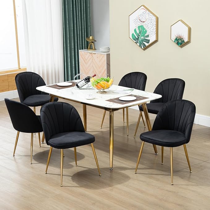Velvet Dining Chairs Set of 4, Upholstered Mid Century Modern Dining Room Chairs, Armless Accent Chairs with Metal Gold Legs for Living Room, Kitchen, Black