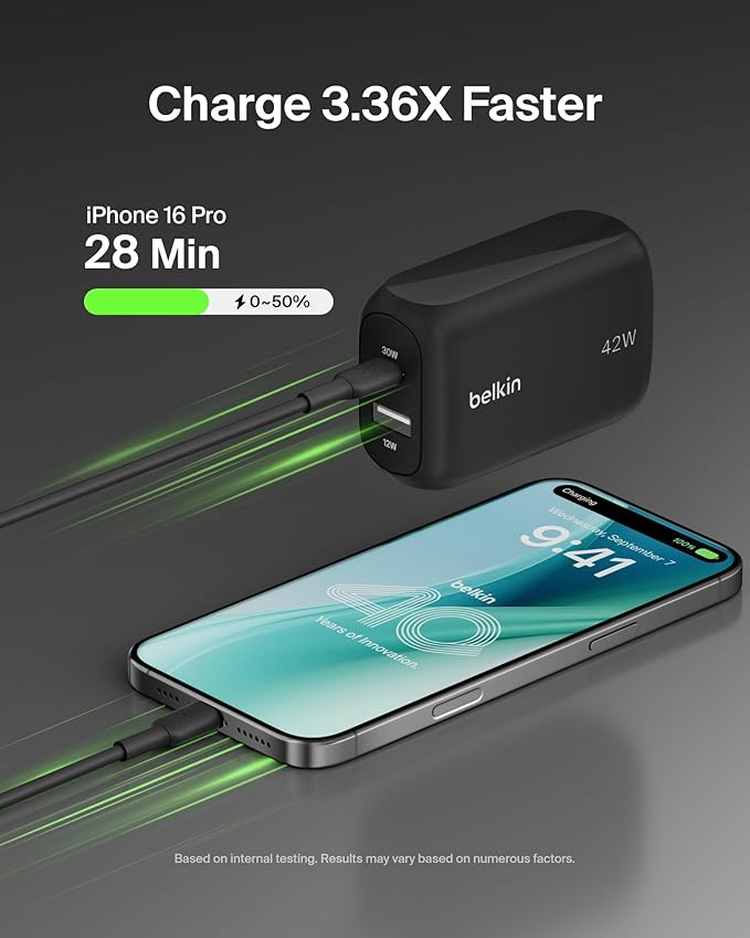 Belkin 42W Dual Port USB C and USB A Charger Block Fast Charging | Super Fast Charging Samsung Galaxy S26 iPhone 17 Air Pro Pro Max iPad AirPods Apple Watch