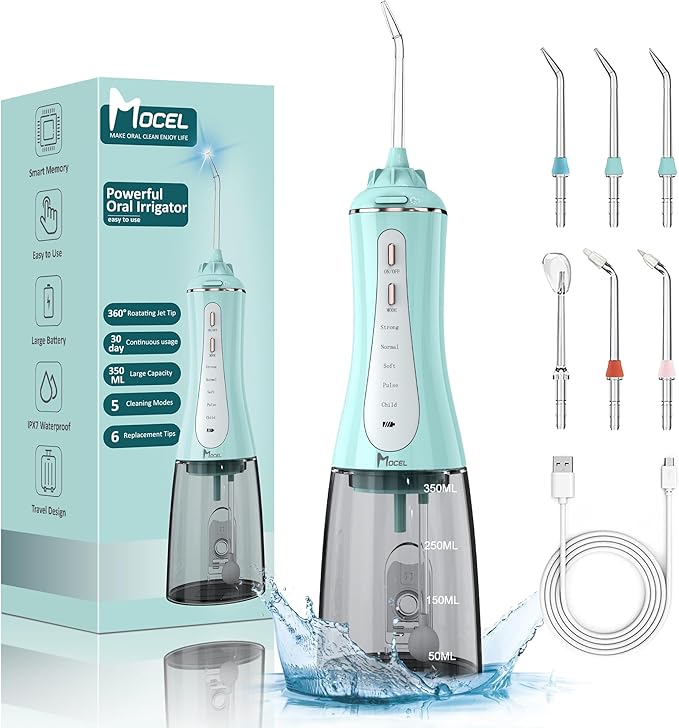 MOCEL Water Dental Flosser for Teeth - 350ML Large Tank 5 Modes & 6 Tips Cordless, Oral Irrigator Waterproof, Portable Teeth Cleaning and Flossing with Effective Plaque Remover for Adults (Green)