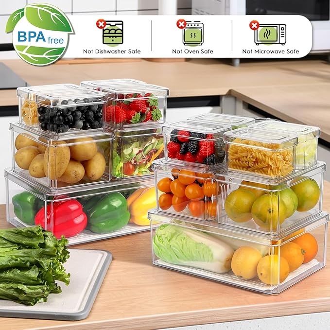 14 Pack Fridge Organizer, Stackable Refrigerator Organizer Bins with Lids PBA-Free, Clear Fridge Organizers and Storage for Kitchen, Countertops, Cabinets, Fridge, Drinks, Fruits, Vegetable, Cereals