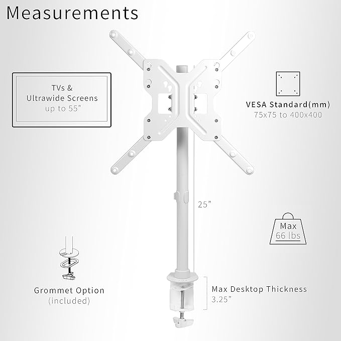 VIVO Ultra Wide TV Desk Mount for up to 55 inch Screens Weighing 66 lbs, Full Motion Height Adjustable Single Television Stand, White, STAND-V155CW