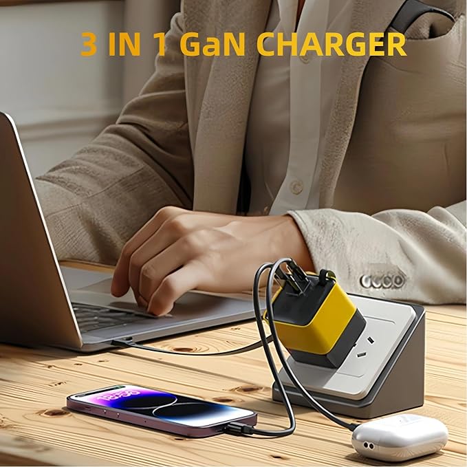 3 in 1 GaN Charger80w Fast Charger Adapter with Type-C Cable &amp 2 USB PortsMulti-Functional Retractable All in one Charger for PhoneTabletslaptops (Yellow)