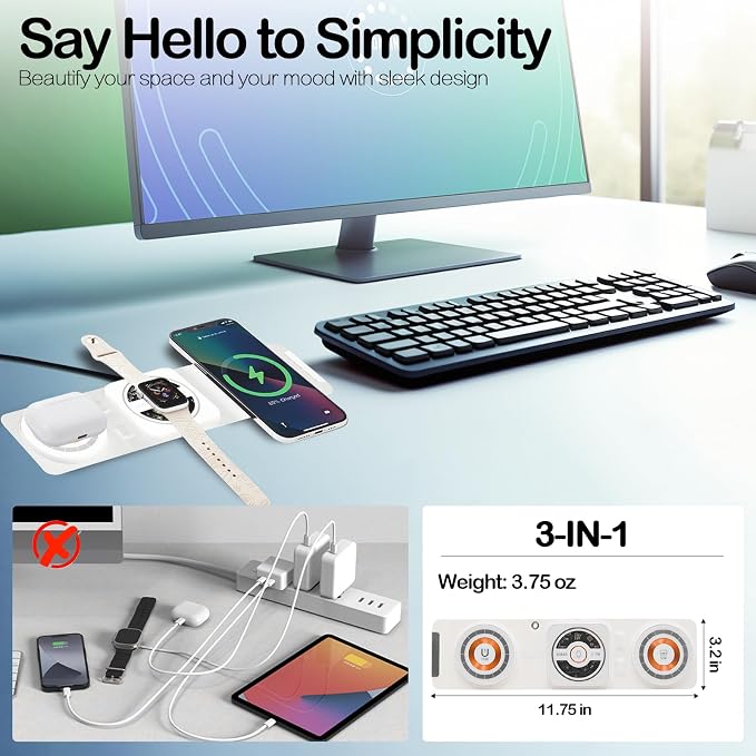 Fold 'N Style 3-in-1 Foldable Magnetic Wireless Charger Keychain 15W Travel Fast Charger for iPhone 15/14/13/12 Pro/Max/Plus Apple Watch AirPods Samsung Galaxy/Note Charge 2 Phones Simultaneously