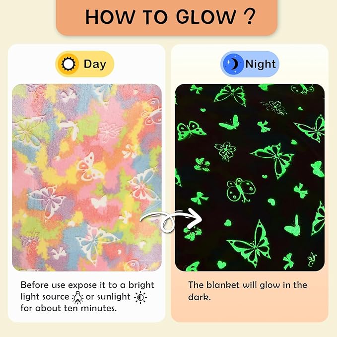 SOCHOW Butterfly Glow in The Dark Blanket for Daughters, Toys for 3-10 Year Old Birthday Presents, Soft Cozy Flannel Throw Blanket for Preteens Teens, Yellow 60 x 80 Inches
